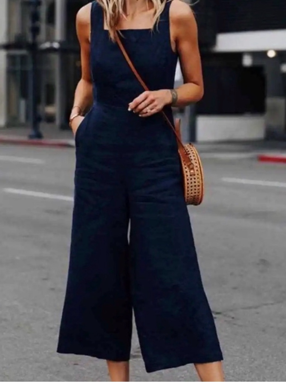 Everly Navy Wide-Leg Sleeveless Jumpsuit Tie Waist. Effortless